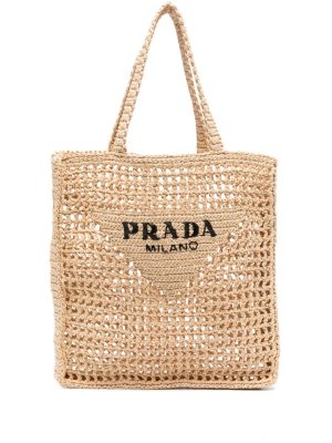 Prada triangle-logo raffia tote bag